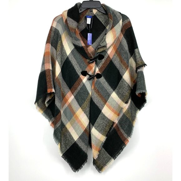 Apt. 9 Poncho Sweater Plaid Toggle Flannel Fray Hem NWT - Picture 2 of 10